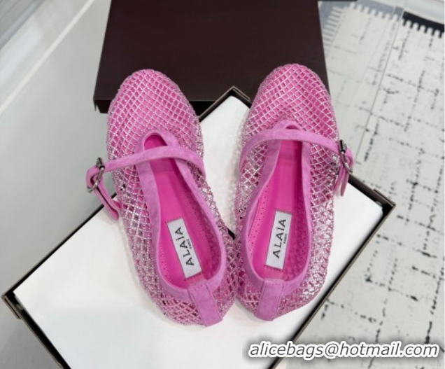 Best Grade Alaia Ballet Flats in Fishnet and Suede with Strass Pink AL020702