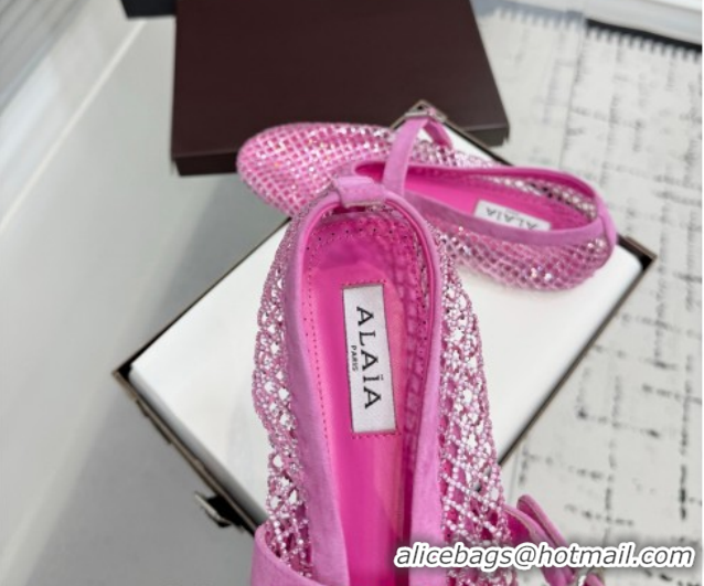 Best Grade Alaia Ballet Flats in Fishnet and Suede with Strass Pink AL020702