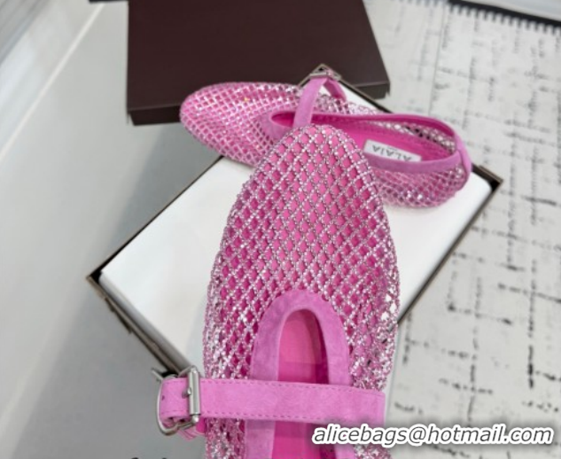 Best Grade Alaia Ballet Flats in Fishnet and Suede with Strass Pink AL020702