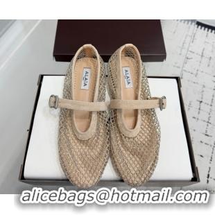 Luxurious Alaia Ballet Flats in Fishnet and Suede with Strass Beige AL020702