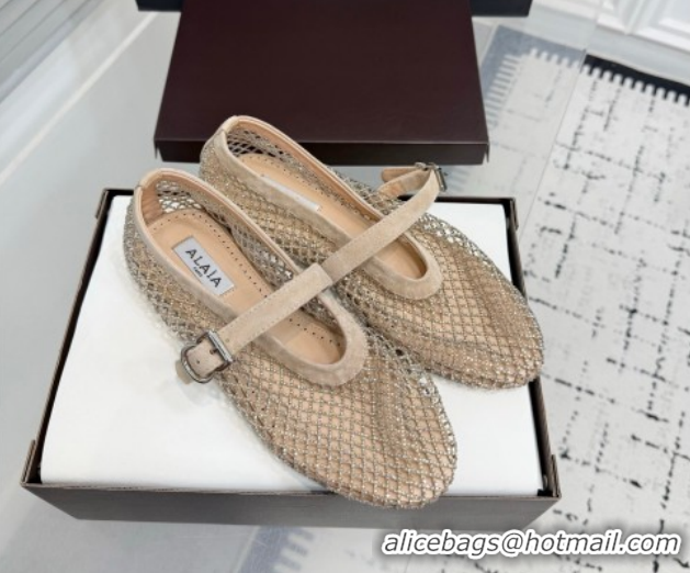Luxurious Alaia Ballet Flats in Fishnet and Suede with Strass Beige AL020702