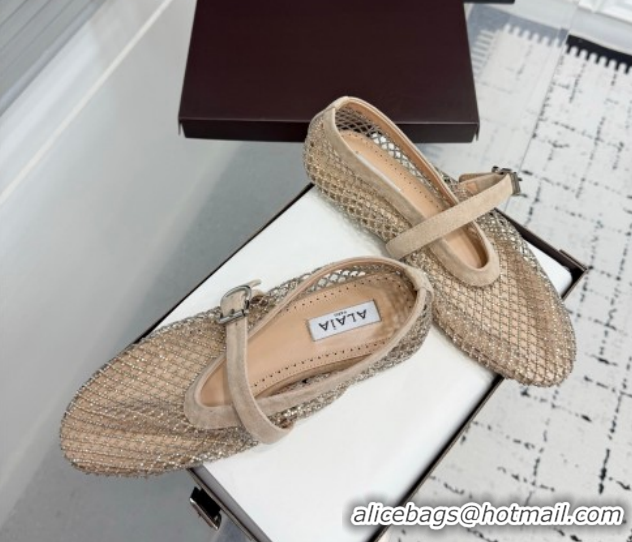 Luxurious Alaia Ballet Flats in Fishnet and Suede with Strass Beige AL020702