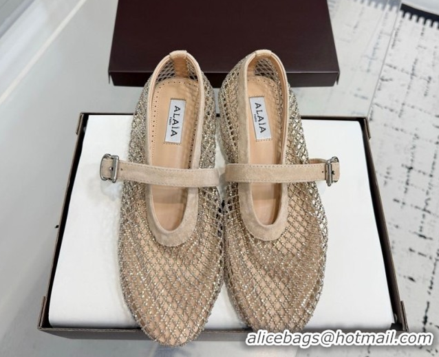 Luxurious Alaia Ballet Flats in Fishnet and Suede with Strass Beige AL020702