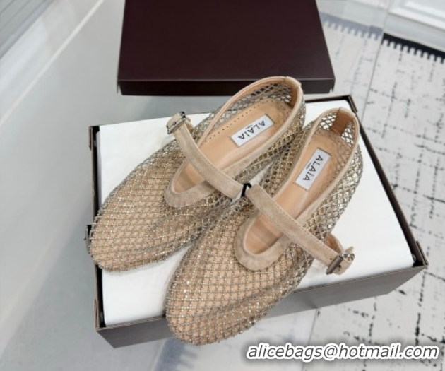 Luxurious Alaia Ballet Flats in Fishnet and Suede with Strass Beige AL020702