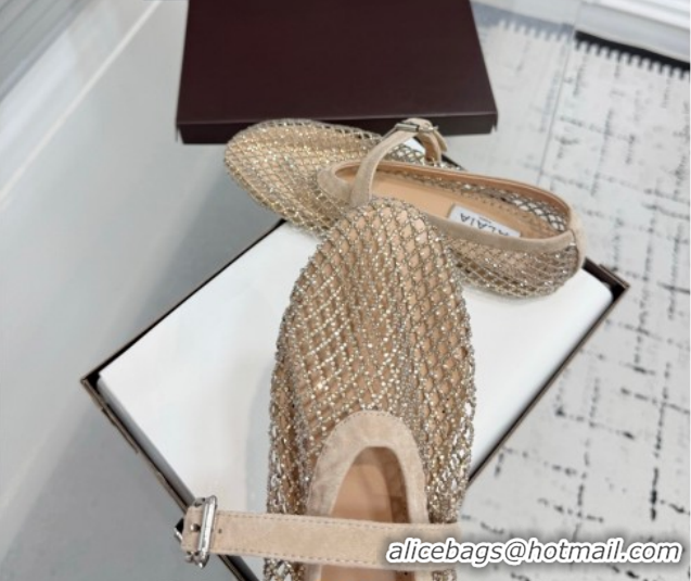Luxurious Alaia Ballet Flats in Fishnet and Suede with Strass Beige AL020702