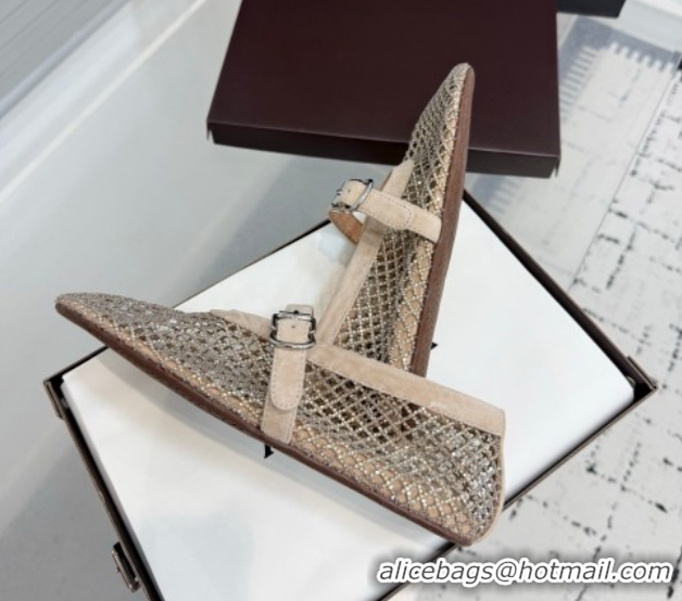 Luxurious Alaia Ballet Flats in Fishnet and Suede with Strass Beige AL020702