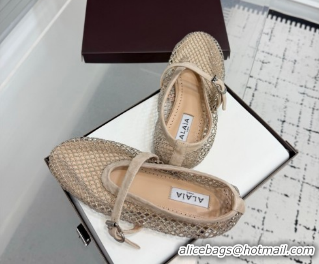 Luxurious Alaia Ballet Flats in Fishnet and Suede with Strass Beige AL020702