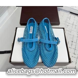 Most Popular Alaia Ballet Flats in Fishnet and Suede with Strass Sky Blue AL020702