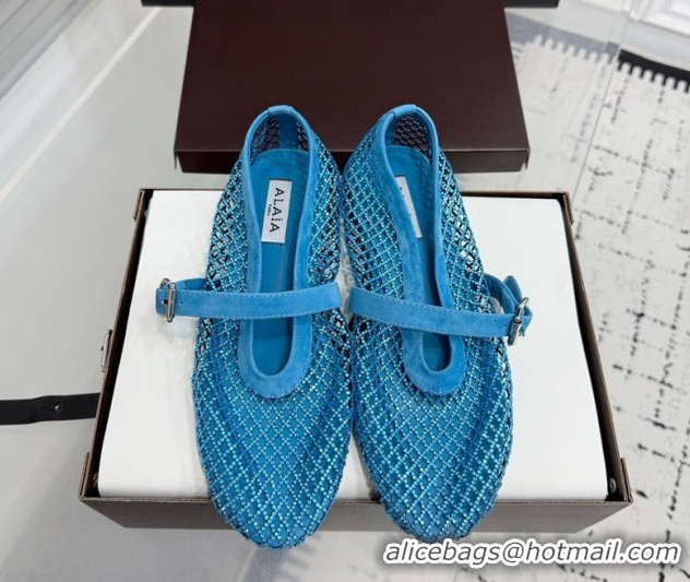 Most Popular Alaia Ballet Flats in Fishnet and Suede with Strass Sky Blue AL020702