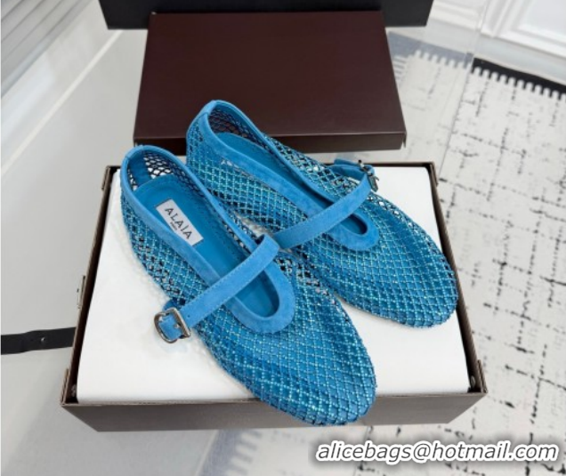 Most Popular Alaia Ballet Flats in Fishnet and Suede with Strass Sky Blue AL020702
