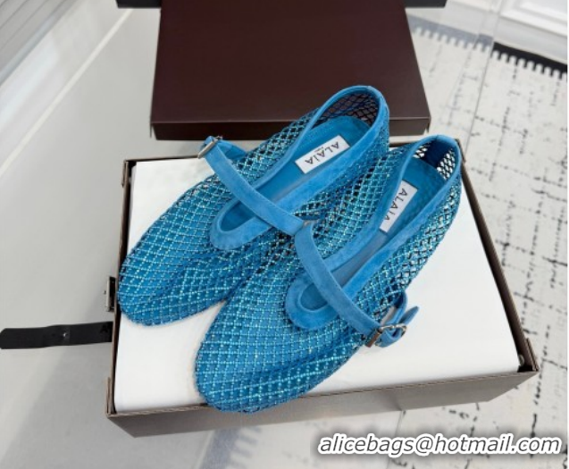 Most Popular Alaia Ballet Flats in Fishnet and Suede with Strass Sky Blue AL020702