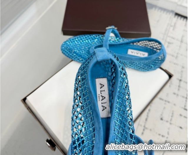 Most Popular Alaia Ballet Flats in Fishnet and Suede with Strass Sky Blue AL020702