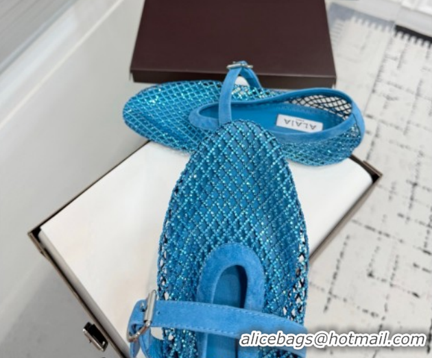 Most Popular Alaia Ballet Flats in Fishnet and Suede with Strass Sky Blue AL020702