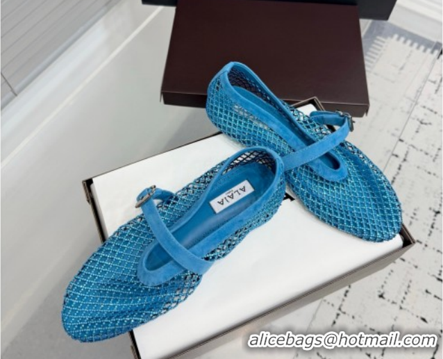 Most Popular Alaia Ballet Flats in Fishnet and Suede with Strass Sky Blue AL020702