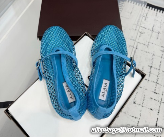 Most Popular Alaia Ballet Flats in Fishnet and Suede with Strass Sky Blue AL020702