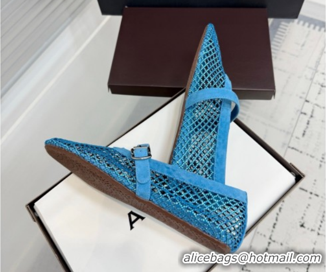 Most Popular Alaia Ballet Flats in Fishnet and Suede with Strass Sky Blue AL020702