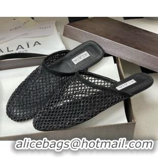 Low Price Alaia Flat Mules in Fishnet and Suede with Strass Black AL020703