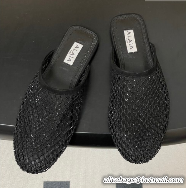 Low Price Alaia Flat Mules in Fishnet and Suede with Strass Black AL020703