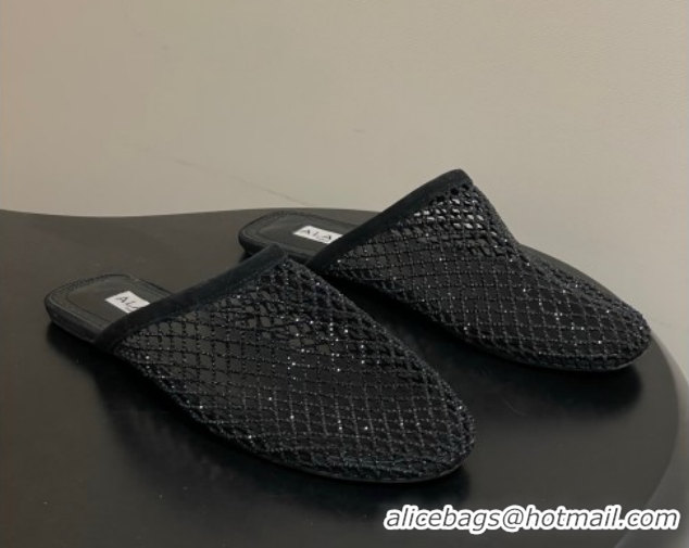 Low Price Alaia Flat Mules in Fishnet and Suede with Strass Black AL020703