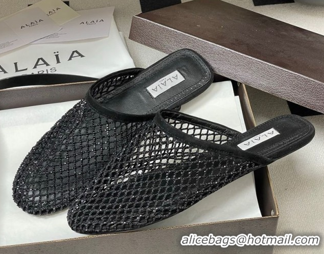 Low Price Alaia Flat Mules in Fishnet and Suede with Strass Black AL020703