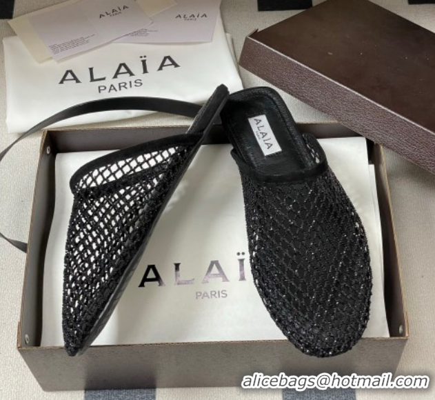 Low Price Alaia Flat Mules in Fishnet and Suede with Strass Black AL020703