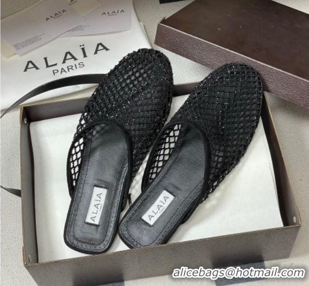 Low Price Alaia Flat Mules in Fishnet and Suede with Strass Black AL020703