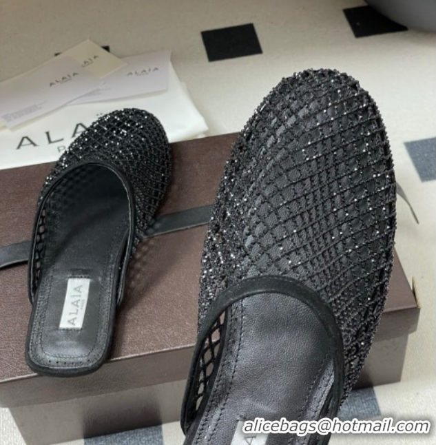 Low Price Alaia Flat Mules in Fishnet and Suede with Strass Black AL020703