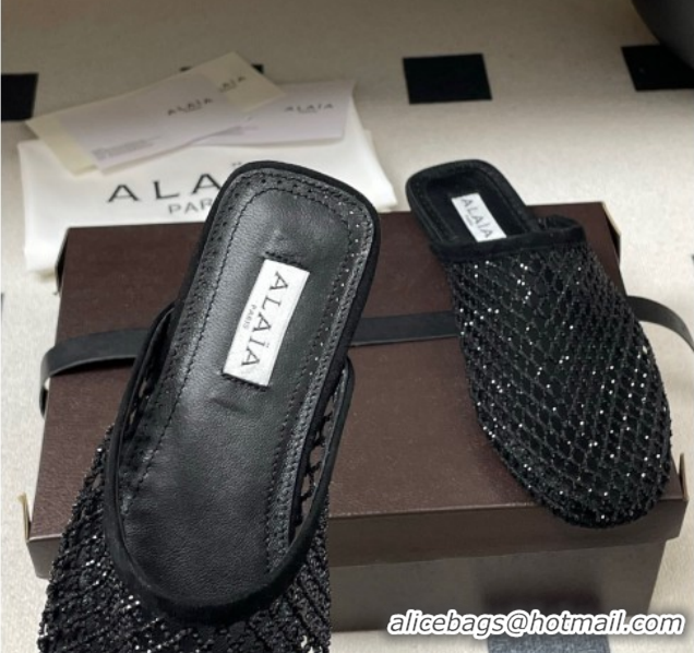 Low Price Alaia Flat Mules in Fishnet and Suede with Strass Black AL020703