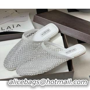 Best Price Alaia Flat Mules in Fishnet and Suede with Strass White 2025 AL020703