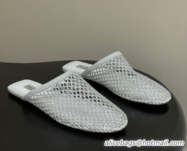Best Price Alaia Flat Mules in Fishnet and Suede with Strass White 2025 AL020703