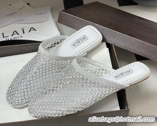 Best Price Alaia Flat Mules in Fishnet and Suede with Strass White 2025 AL020703