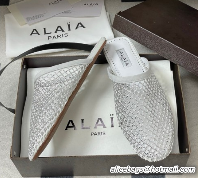 Best Price Alaia Flat Mules in Fishnet and Suede with Strass White 2025 AL020703