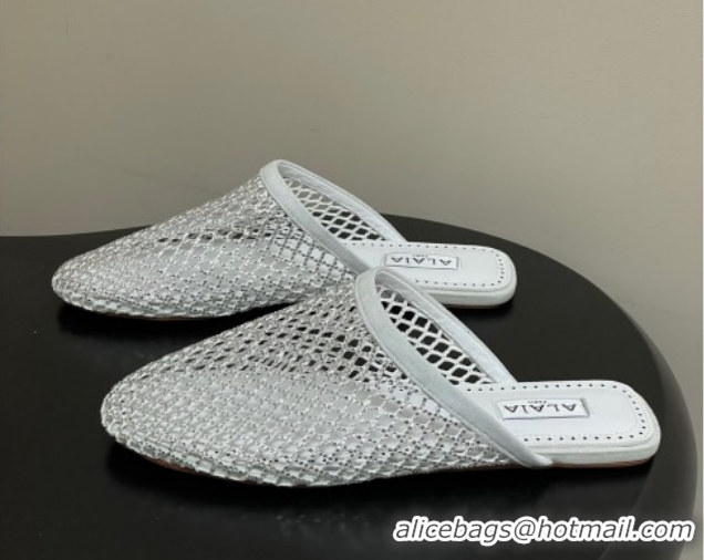 Best Price Alaia Flat Mules in Fishnet and Suede with Strass White 2025 AL020703