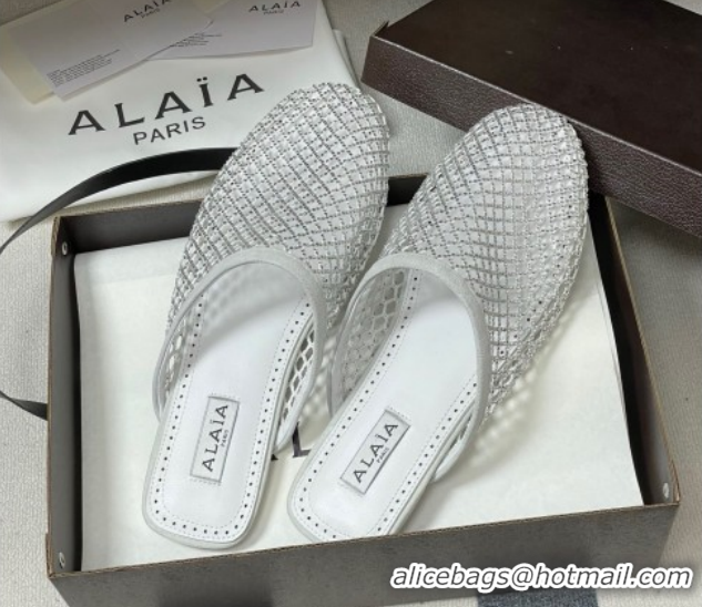 Best Price Alaia Flat Mules in Fishnet and Suede with Strass White 2025 AL020703