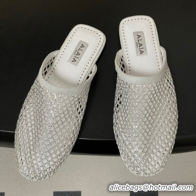 Best Price Alaia Flat Mules in Fishnet and Suede with Strass White 2025 AL020703
