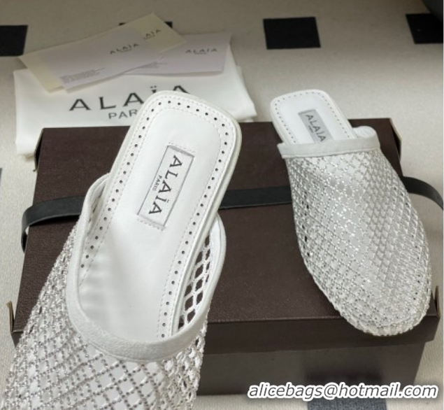 Best Price Alaia Flat Mules in Fishnet and Suede with Strass White 2025 AL020703