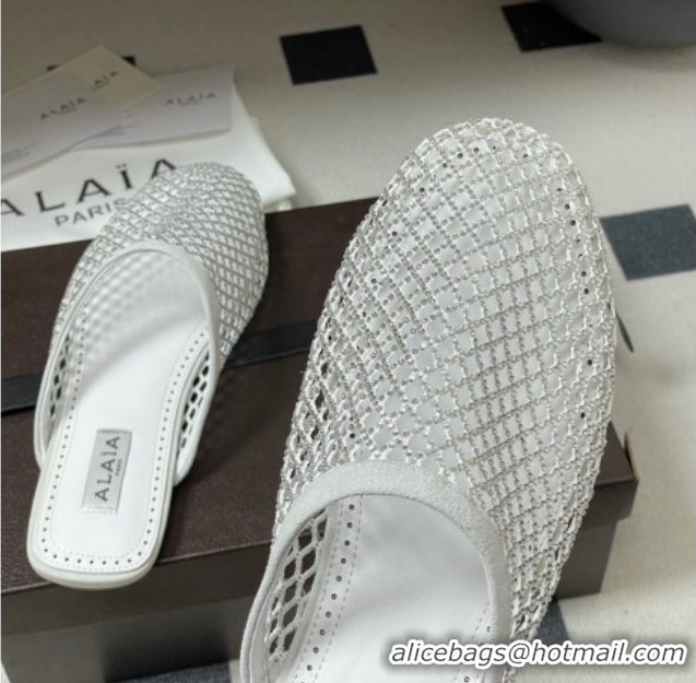 Best Price Alaia Flat Mules in Fishnet and Suede with Strass White 2025 AL020703