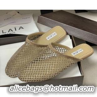 Top Grade Alaia Flat Mules in Fishnet and Suede with Strass Beige 2025 AL020703