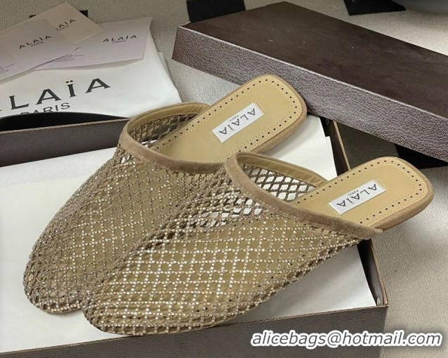 Top Grade Alaia Flat Mules in Fishnet and Suede with Strass Beige 2025 AL020703