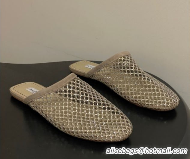 Top Grade Alaia Flat Mules in Fishnet and Suede with Strass Beige 2025 AL020703