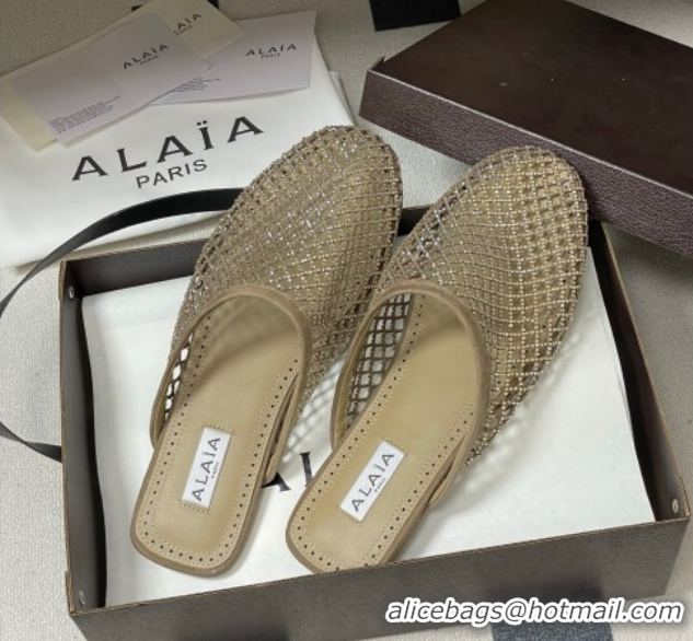 Top Grade Alaia Flat Mules in Fishnet and Suede with Strass Beige 2025 AL020703