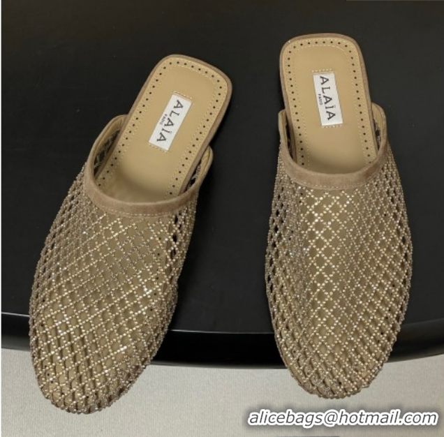 Top Grade Alaia Flat Mules in Fishnet and Suede with Strass Beige 2025 AL020703