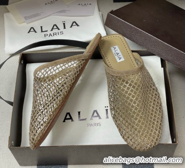 Top Grade Alaia Flat Mules in Fishnet and Suede with Strass Beige 2025 AL020703