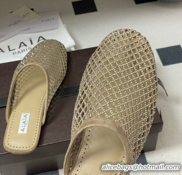 Top Grade Alaia Flat Mules in Fishnet and Suede with Strass Beige 2025 AL020703