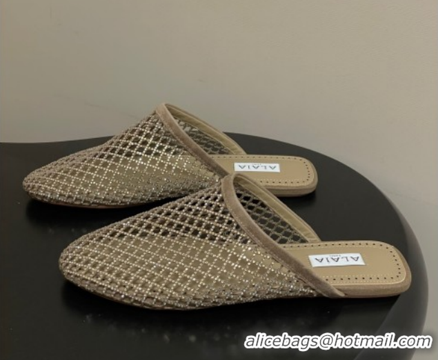 Top Grade Alaia Flat Mules in Fishnet and Suede with Strass Beige 2025 AL020703