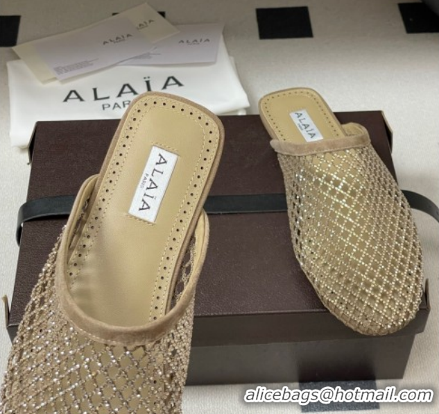 Top Grade Alaia Flat Mules in Fishnet and Suede with Strass Beige 2025 AL020703