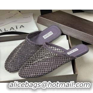 Purchase Alaia Flat Mules in Fishnet and Suede with Strass Purple 2025 AL020703