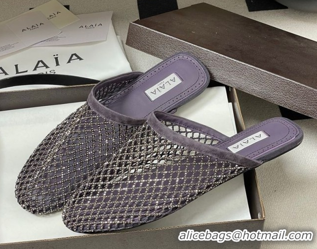 Purchase Alaia Flat Mules in Fishnet and Suede with Strass Purple 2025 AL020703
