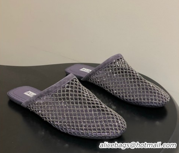 Purchase Alaia Flat Mules in Fishnet and Suede with Strass Purple 2025 AL020703