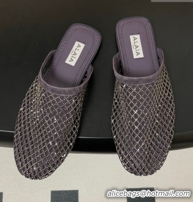Purchase Alaia Flat Mules in Fishnet and Suede with Strass Purple 2025 AL020703